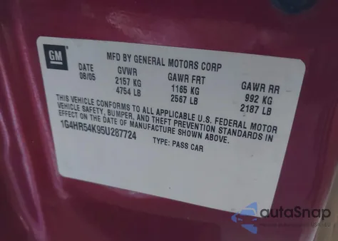 2005 Buick Lesabre Limited z USA, uszkodzony, nr VIN 1G4HR54K95U287724